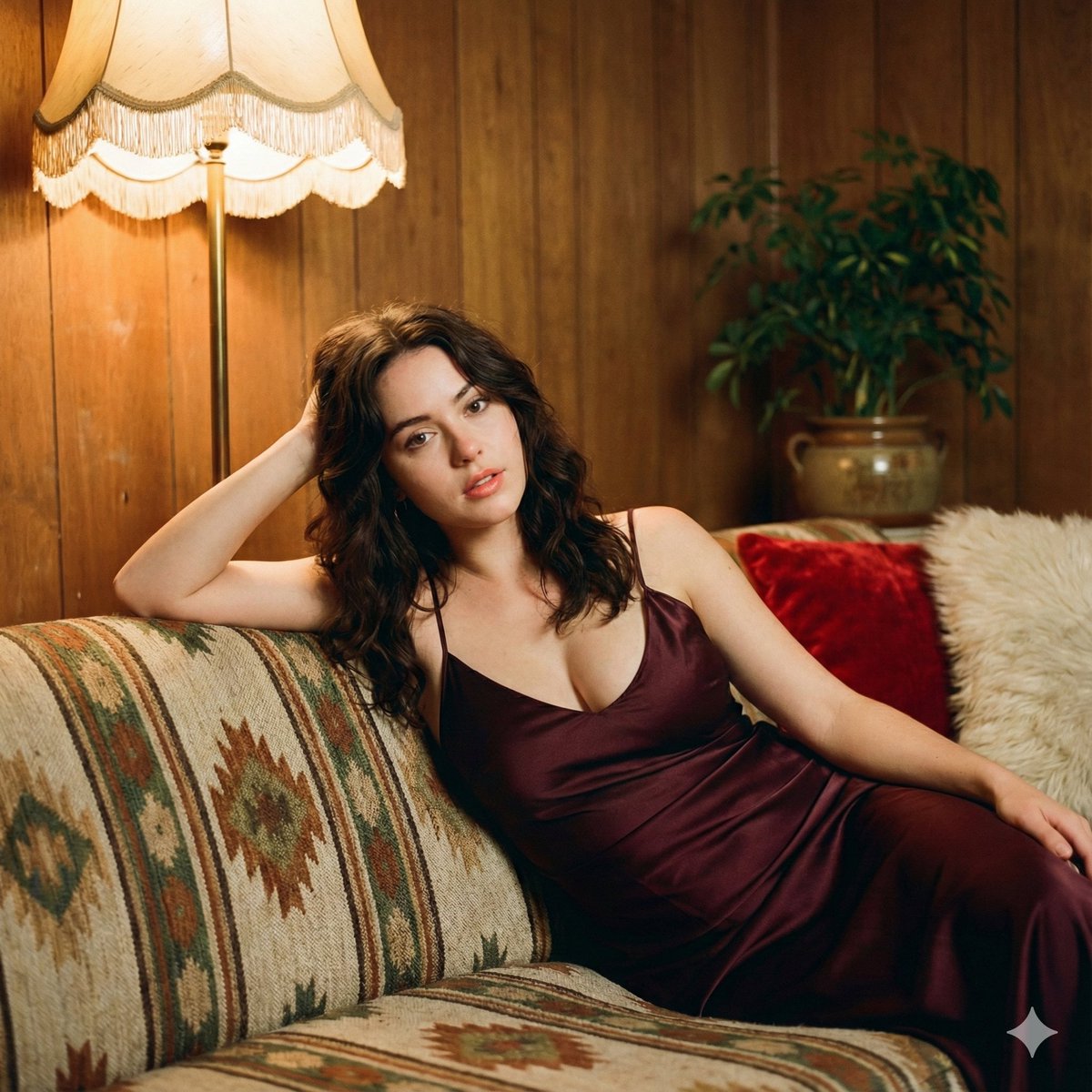 1970s Retro Cinematic Portrait in Burgundy Slip Dress