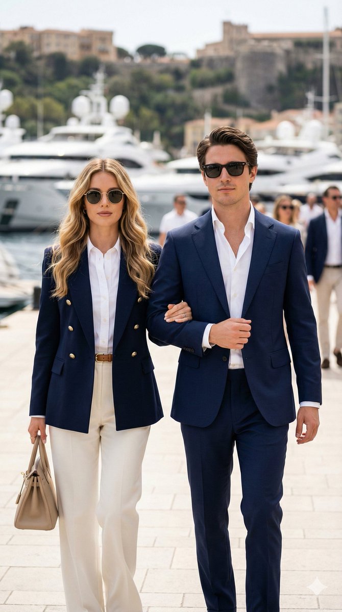 Quiet Luxury Couple on a Marina Promenade