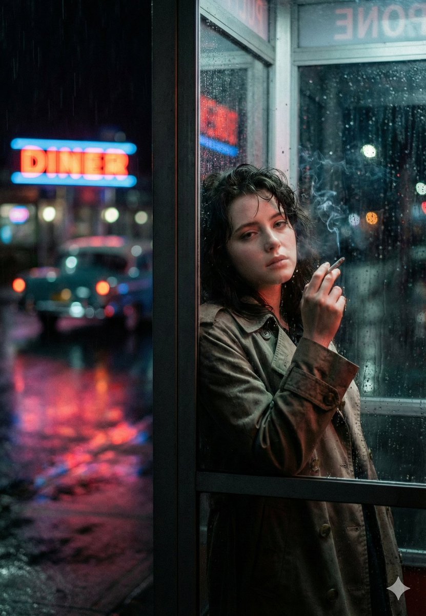 Neo-Noir Phone Booth Scene in the Rain