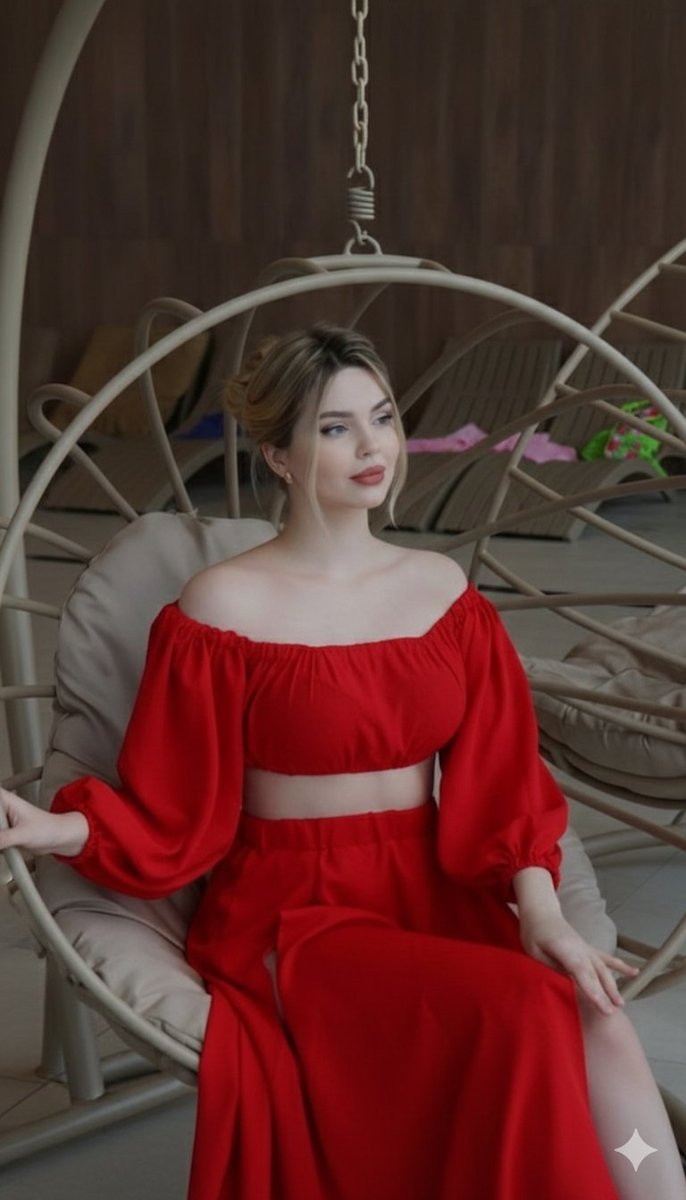 Crimson Red Fashion Editorial in Rattan Chair