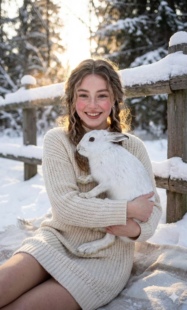 Cozy Winter Portrait with White Hare