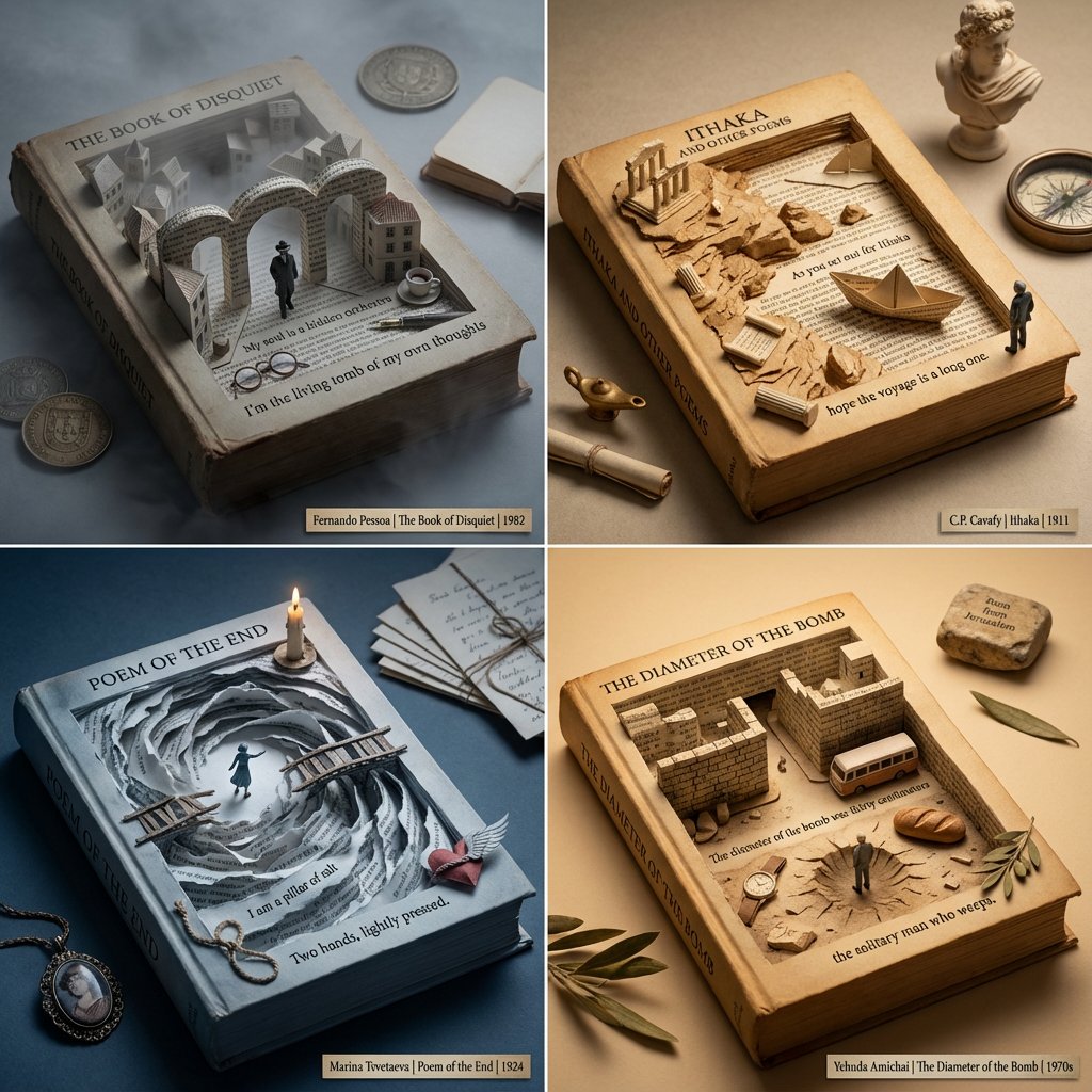 Poetry Recommendation System Prompt (Carved Book Sculpture Aesthetic)