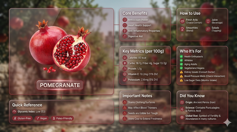 Source reference: a translucent information-panel layout centered on a pomegranate