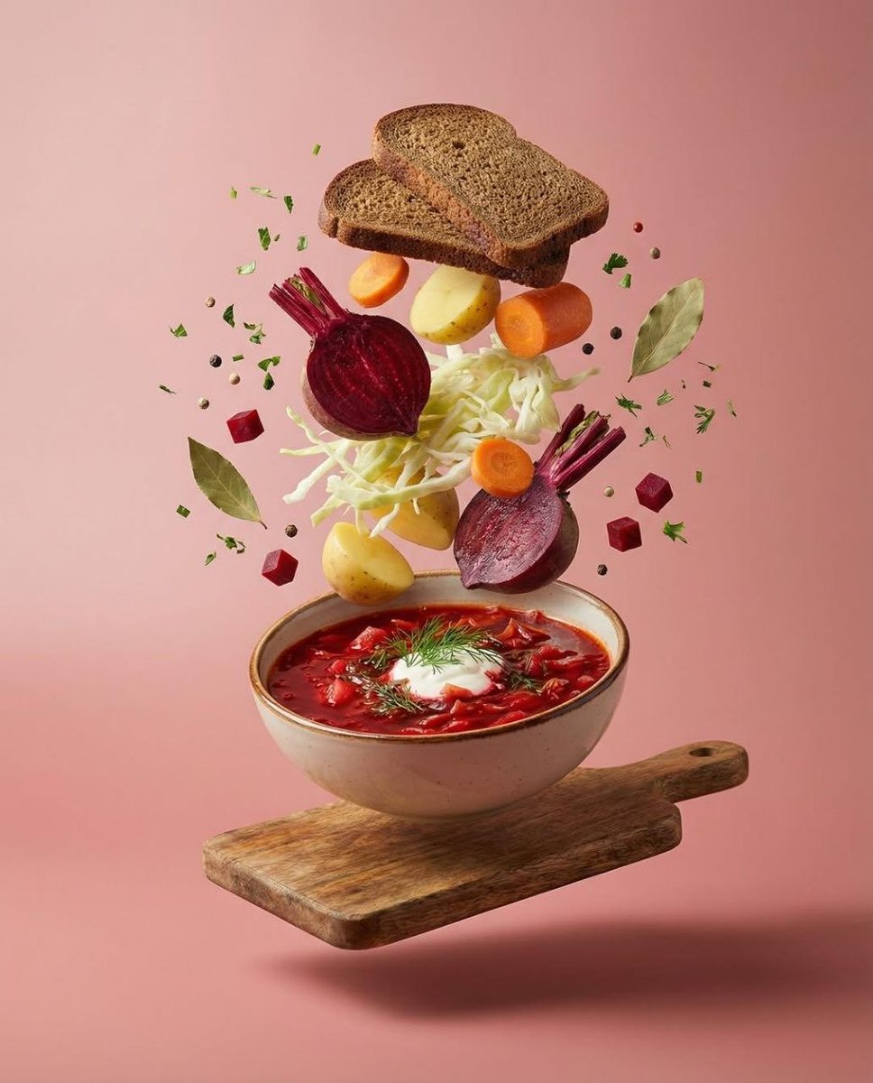 Surreal Levitation Food Photography of Traditional Beet Soup (Borscht)