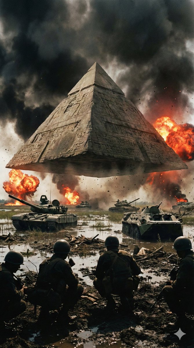 Ancient Pyramid Floating Over a Modern Battlefield