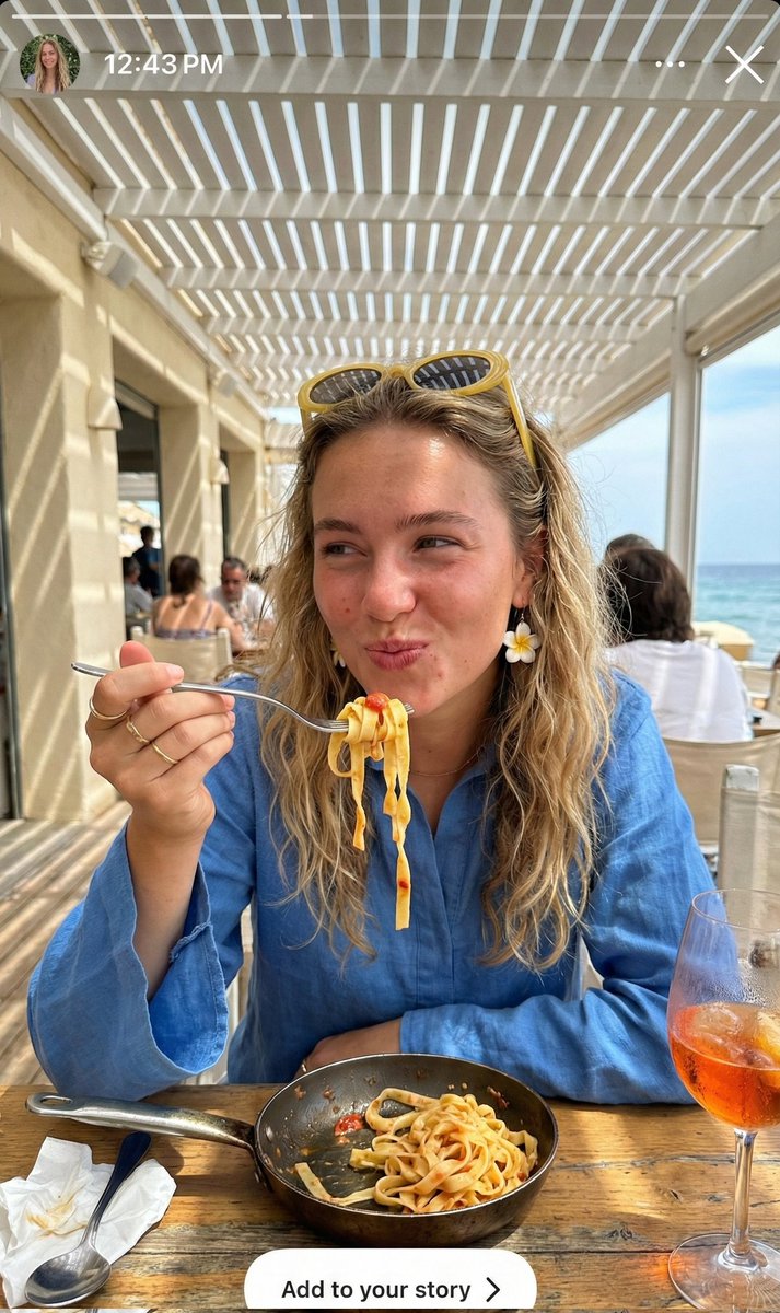 Ultra-Realistic Candid Instagram Story Photo of Woman Eating Pasta