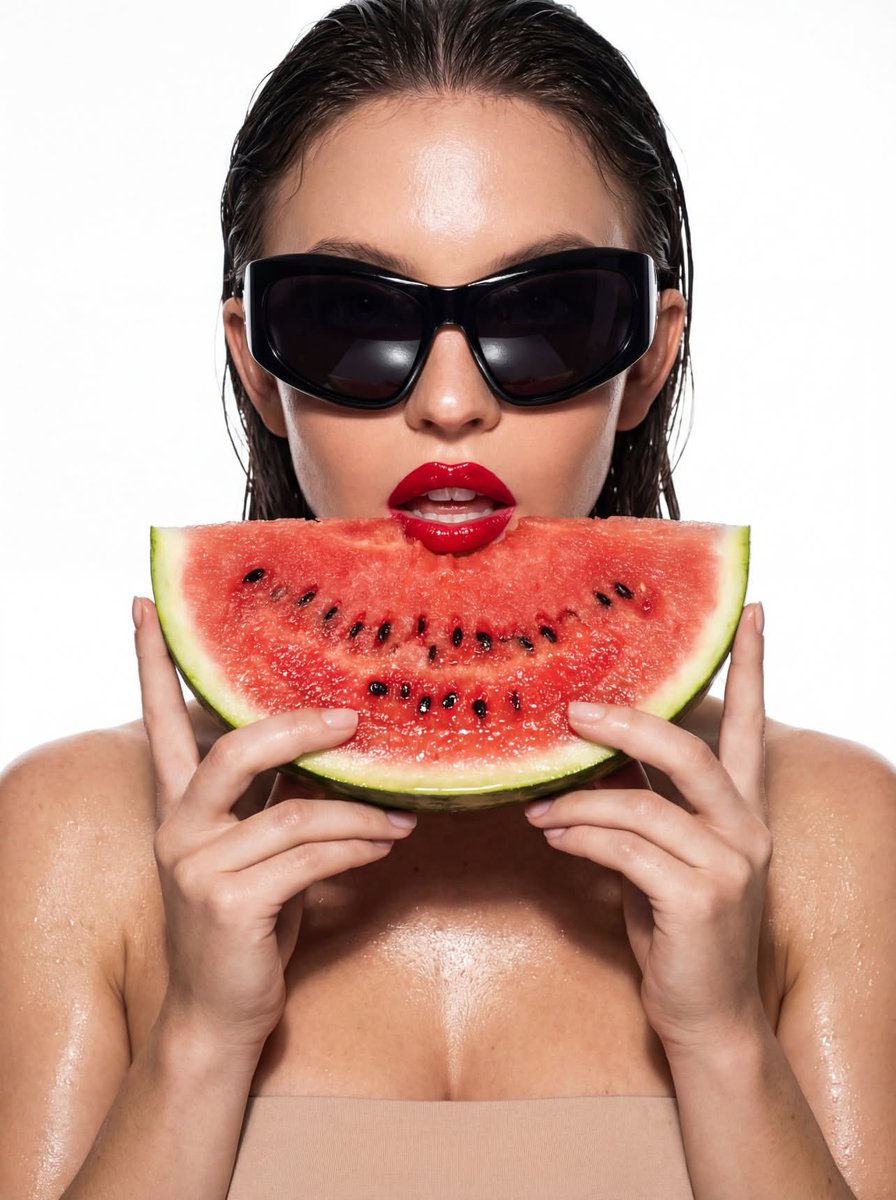 Hyper-Stylized Close-up with Watermelon and Futuristic Sunglasses