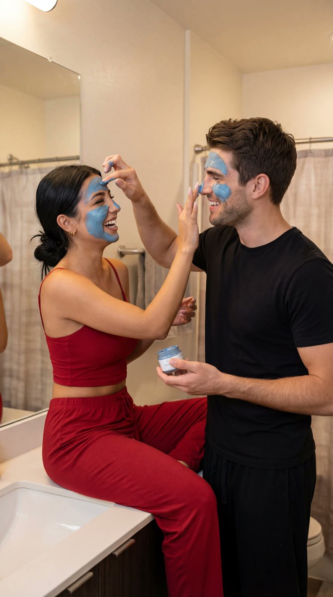 Ultra-Photoreal Candid Couple Applying Face Masks