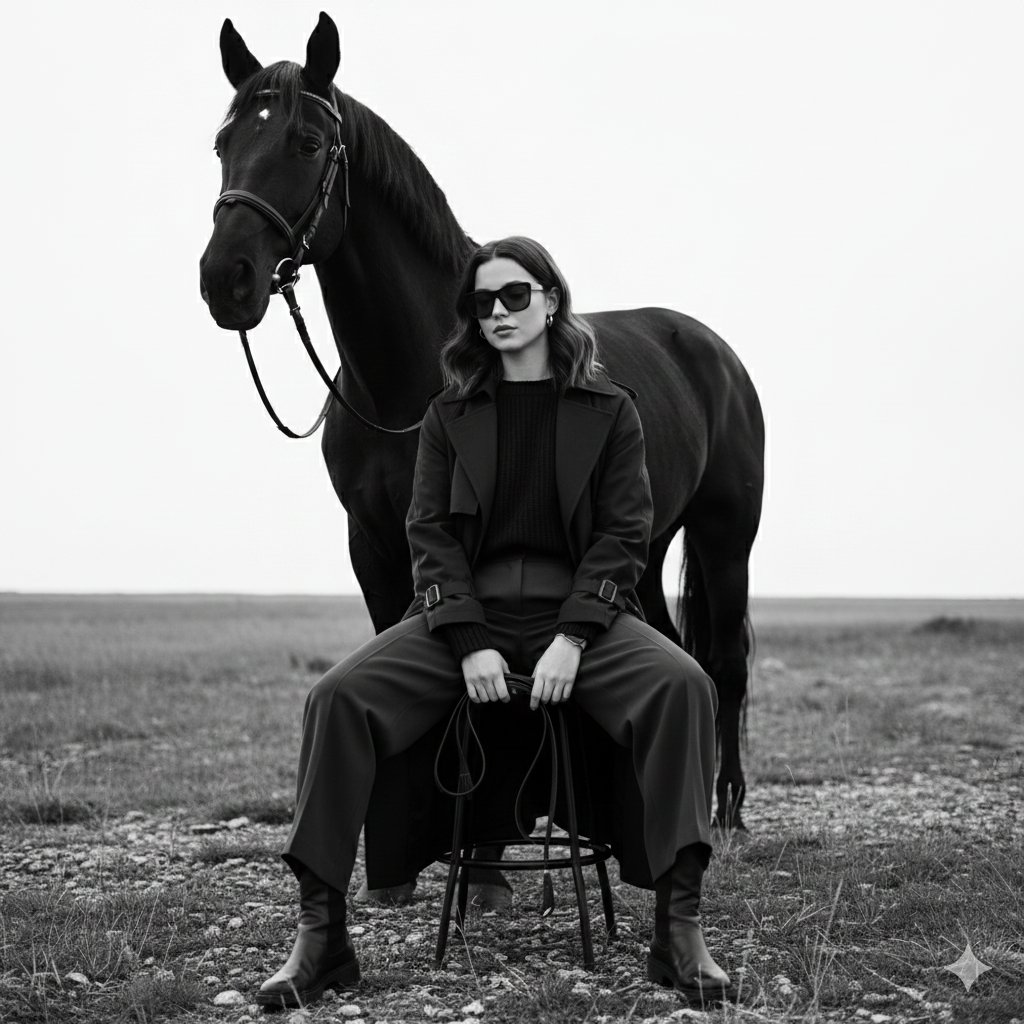 90s fashion editorial with horse and identity lock prompt