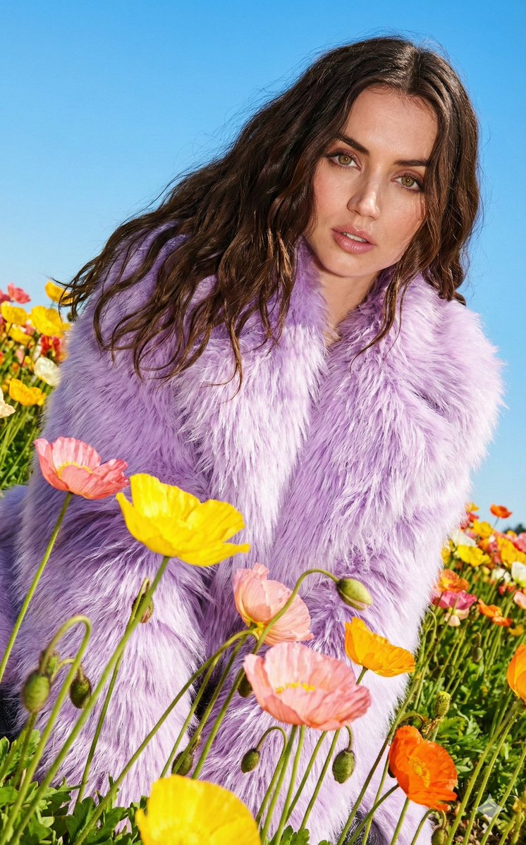 Purple faux fur fashion portrait with harsh flash prompt
