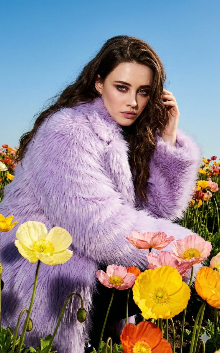 Harsh Flash Fashion Portrait in Flower Field Prompt