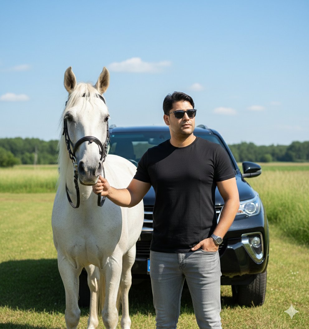 Image Generation Prompt for Man with Horse and Car