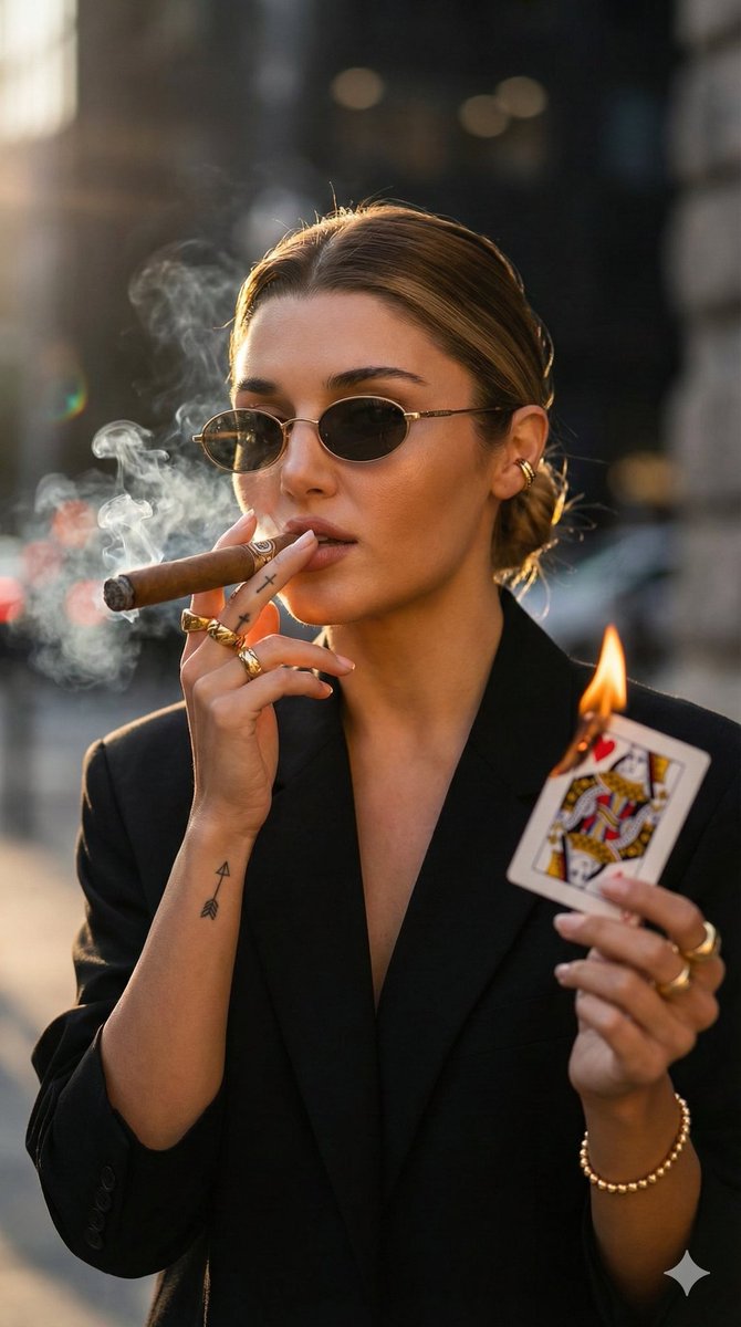 Edgy Fashion Portrait with Cigar and Playing Card Prompt (Urdu/Hindi)