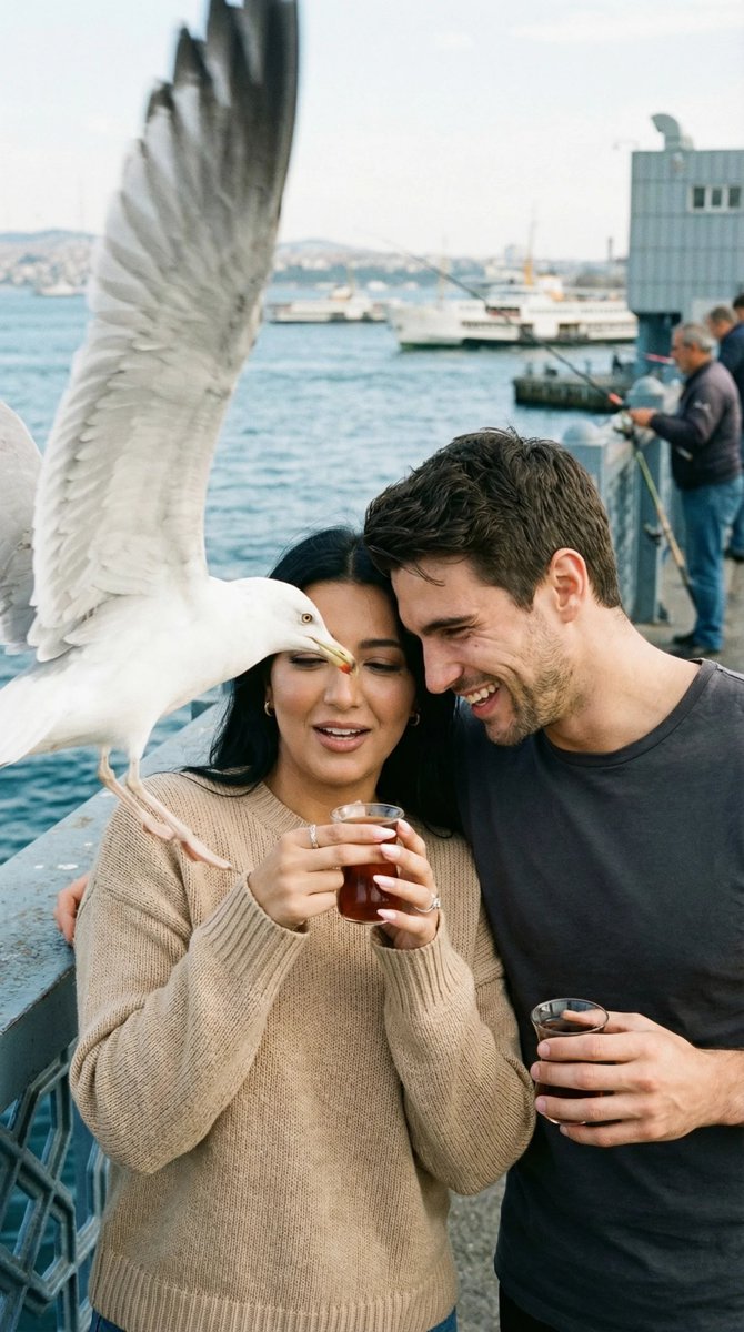 Photorealistic Candid Street Romance Prompt (Galata Bridge)