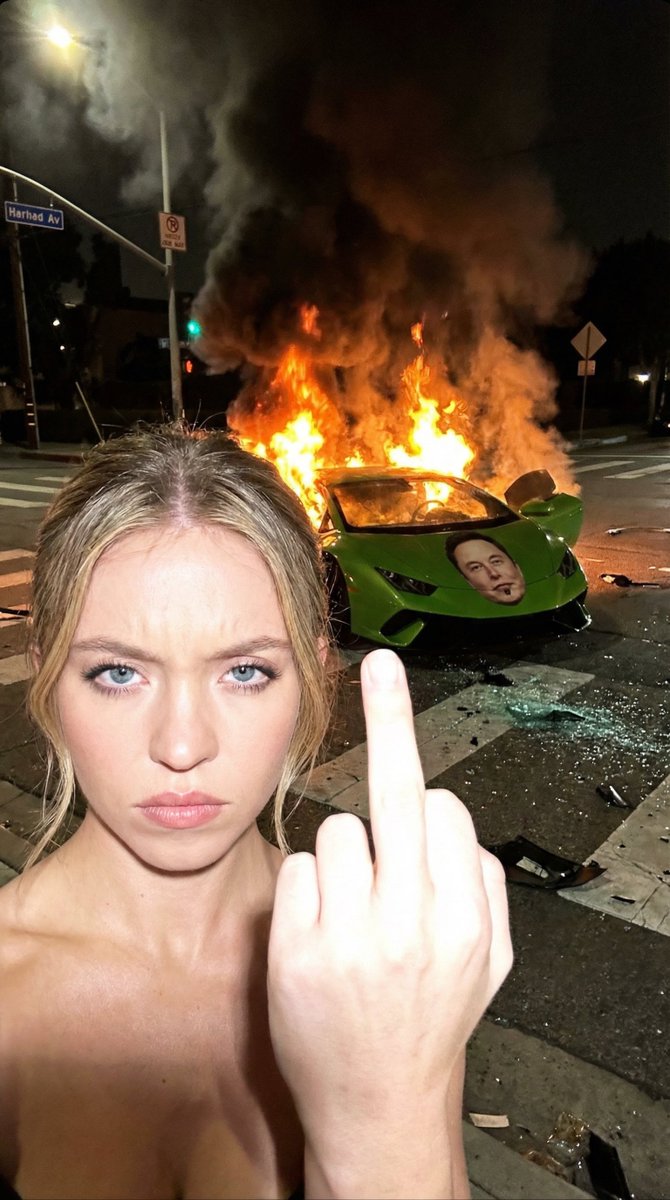 Gritty Night Photo of Woman Flipping Off Camera with Burning Lamborghini