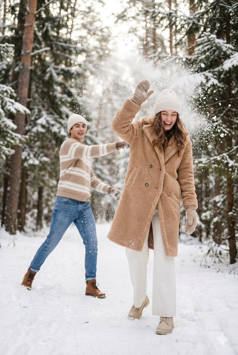 Cinematic Winter Scene Prompt of Couple Throwing Snow