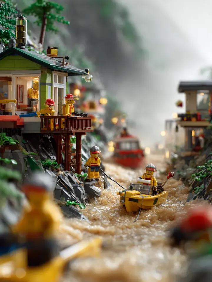 LEGO Mountain Flood Rescue Scene Prompt