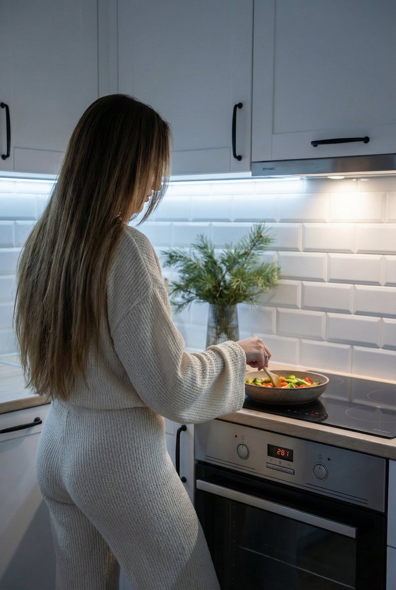 Candid Shot of Woman Cooking in Modern Kitchen