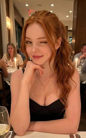 Realistic portrait of a young woman winking in an upscale restaurant