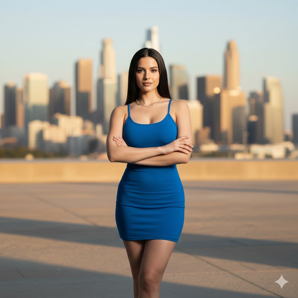 Flash photography portrait of a woman in a blue mini-dress 2