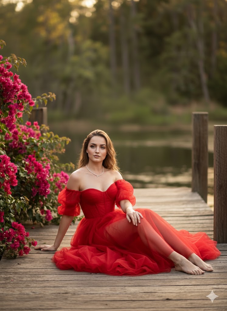 Cinematic fine-art photo of Ana de Armas in a red gala dress