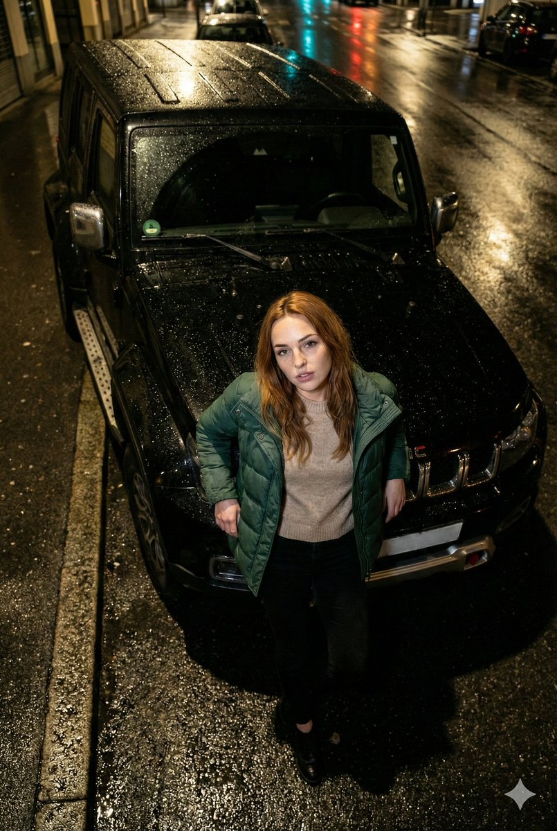 High-Angle Flash Photo on SUV Hood at Night