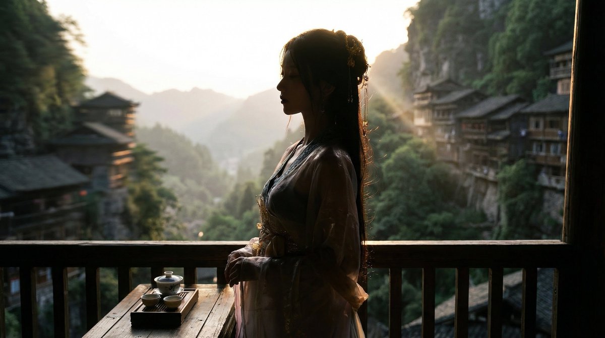 Classical Chinese Romance Landscape with Hanfu