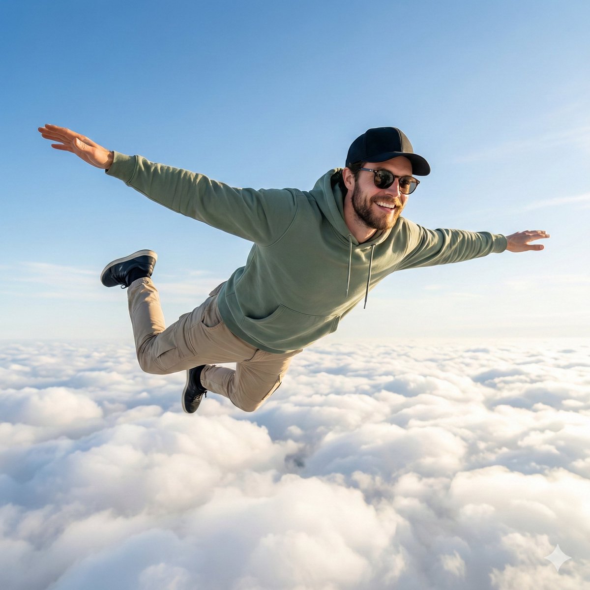High-Quality Photo of Man Flying Above Clouds