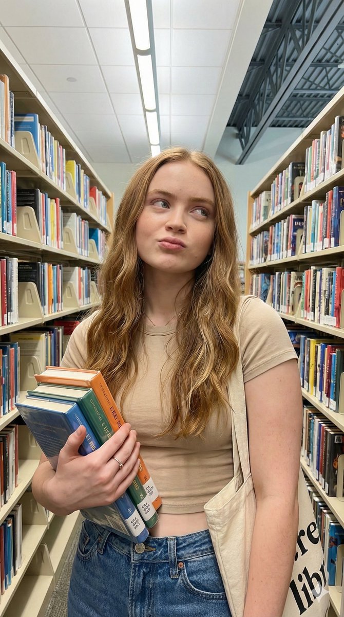 Playful Lifestyle Photo of Woman in Library Prompt