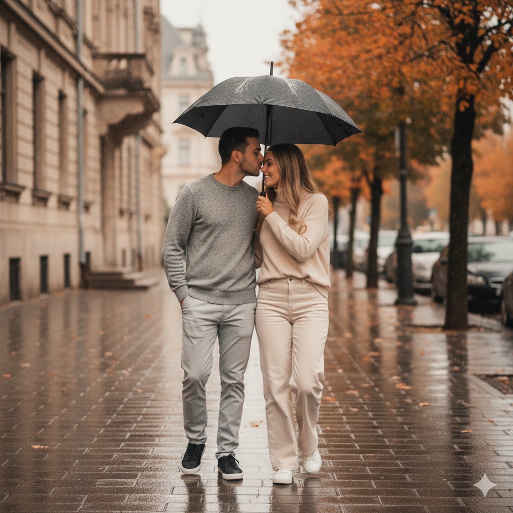 Romantic Rainy Autumn Couple Portrait