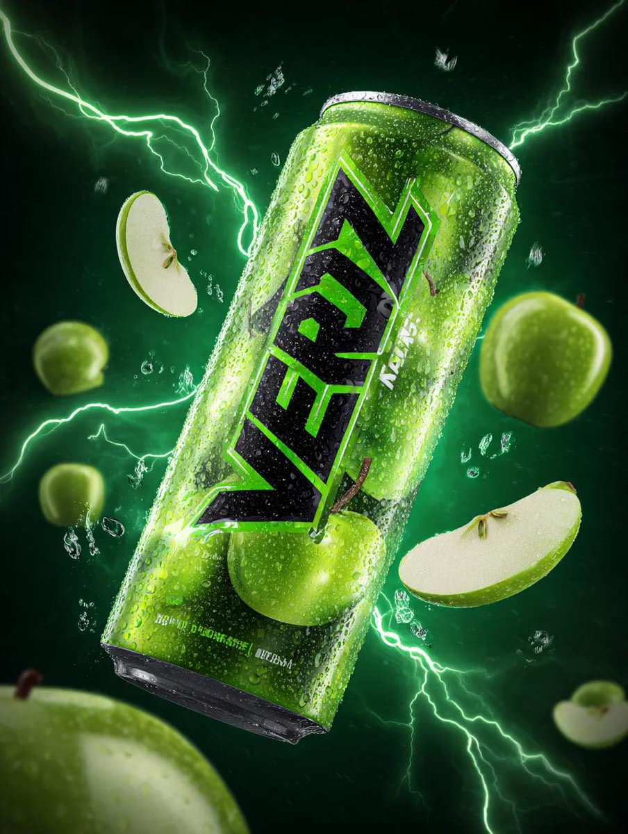 Energy Drink Can with Green Apple Splash and Neon Lightning 2