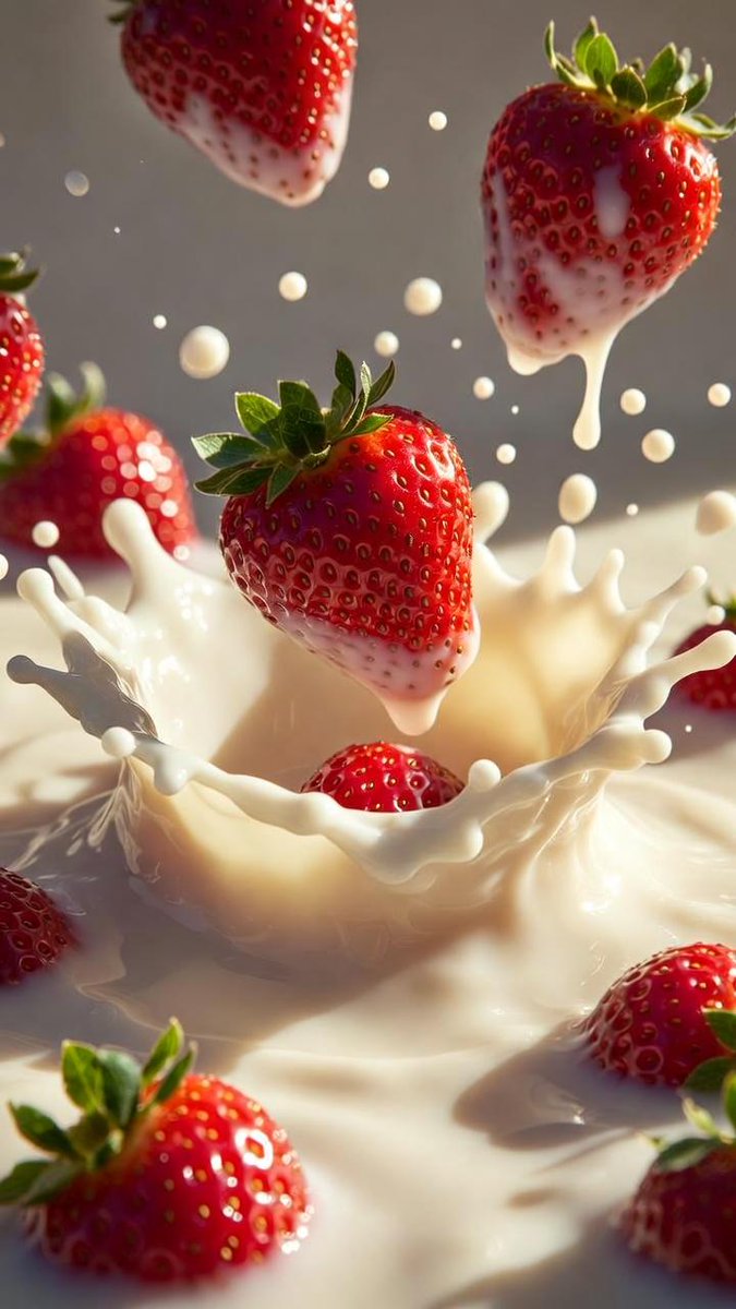 Macro Shot of Strawberries Falling into Milk 3