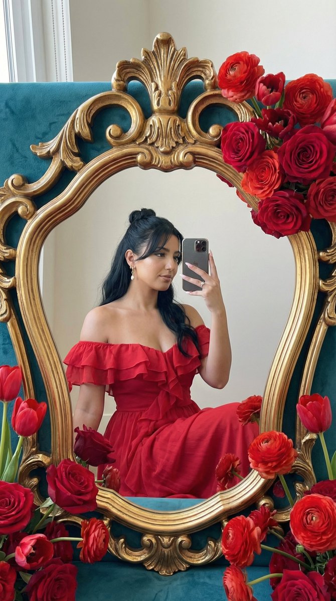 Photoreal Editorial Mirror Selfie with Floral Frame