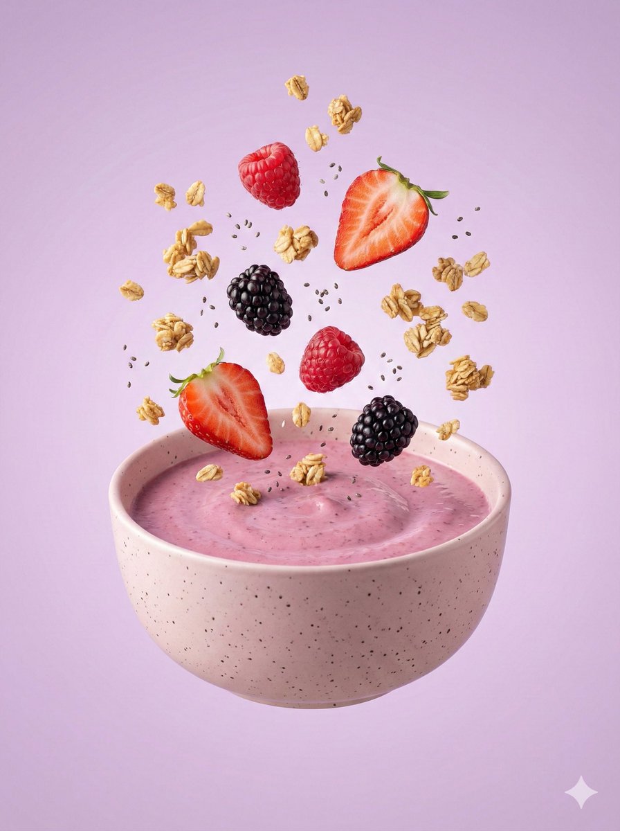 Hyper-Realistic Berry Smoothie Explosion Food Photography Prompt