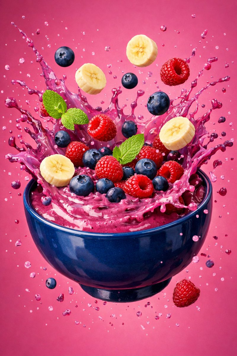 Hyper-Realistic Berry Smoothie Explosion Food Photography Prompt 2