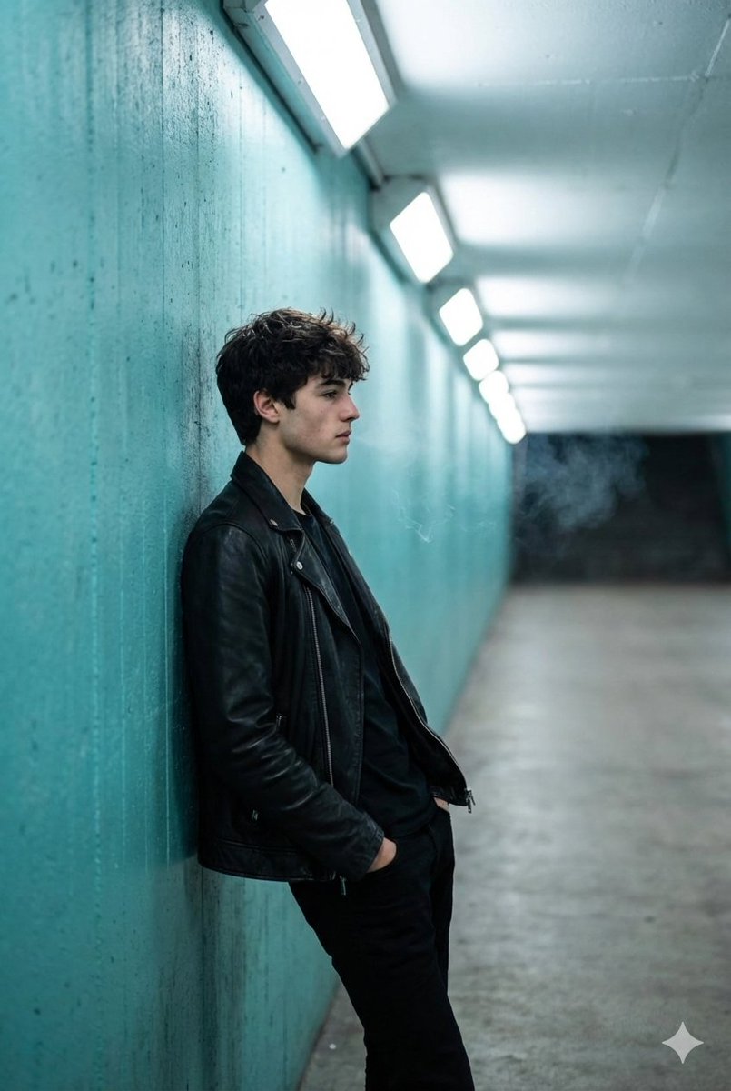 Cinematic Full Shot of a Man in a Turquoise Tunnel