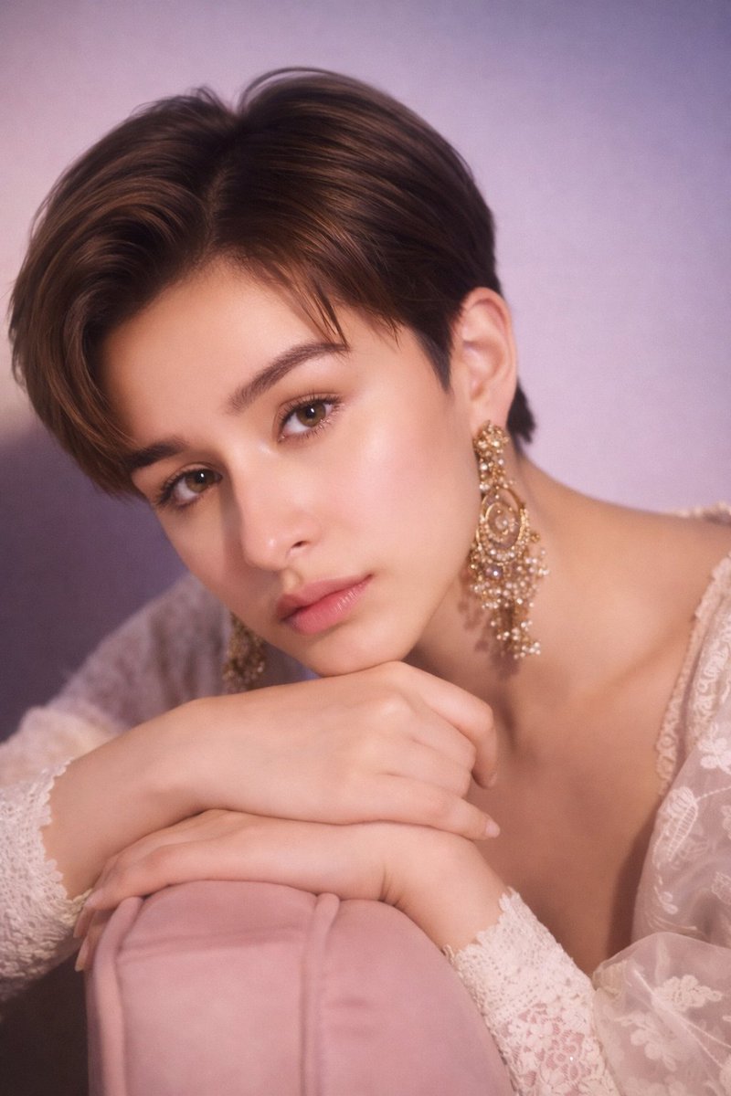 Portrait of Shraddha Kapoor with Pixie Cut and Jhumka Earrings