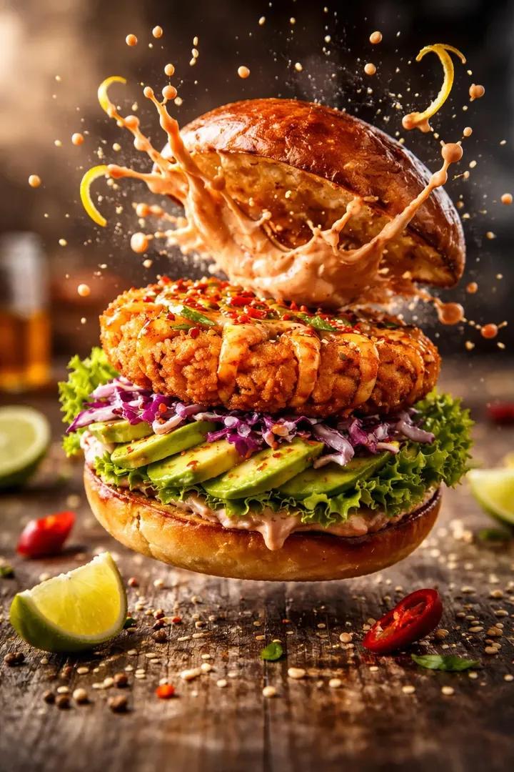 Cinematic Mid-Air Shrimp Burger Photo Prompt