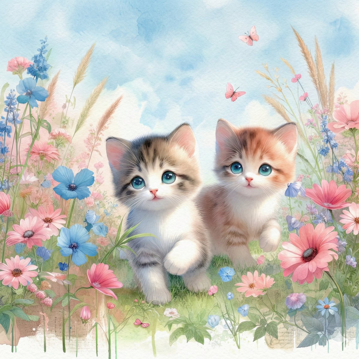 Watercolor Illustration of Kittens in a Garden
