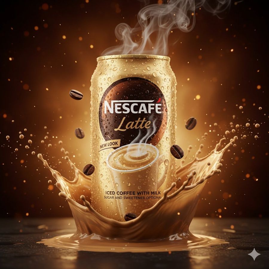 Source reference: a gold iced-coffee can with a creamy splash, scattered coffee beans, and rising steam on a dark warm background