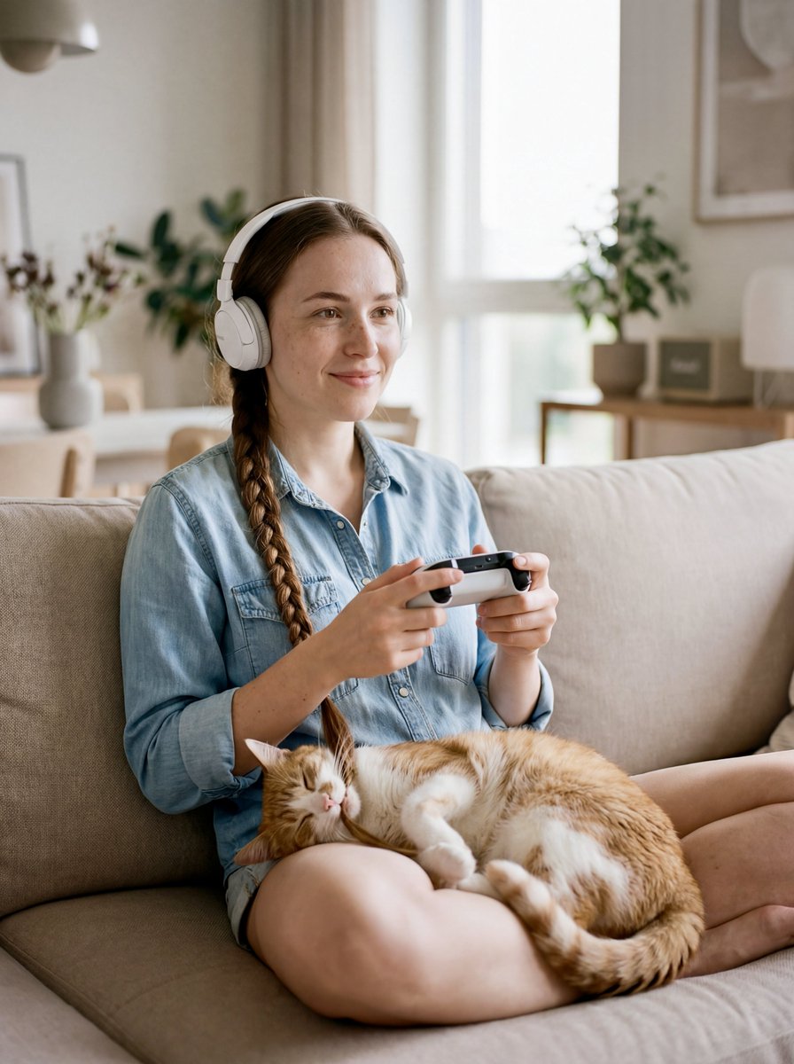 Editorial Portrait of Woman and Cat with Braid Interaction