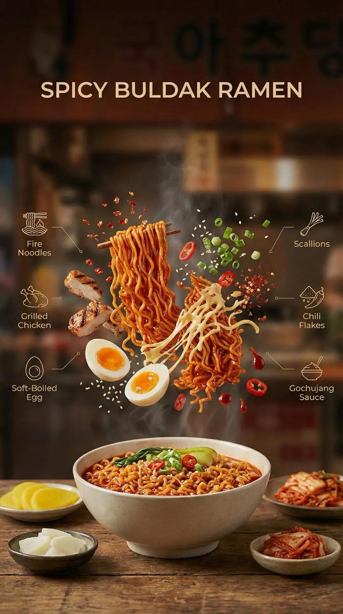 Cinematic Commercial Shot of Deconstructed Buldak Ramen