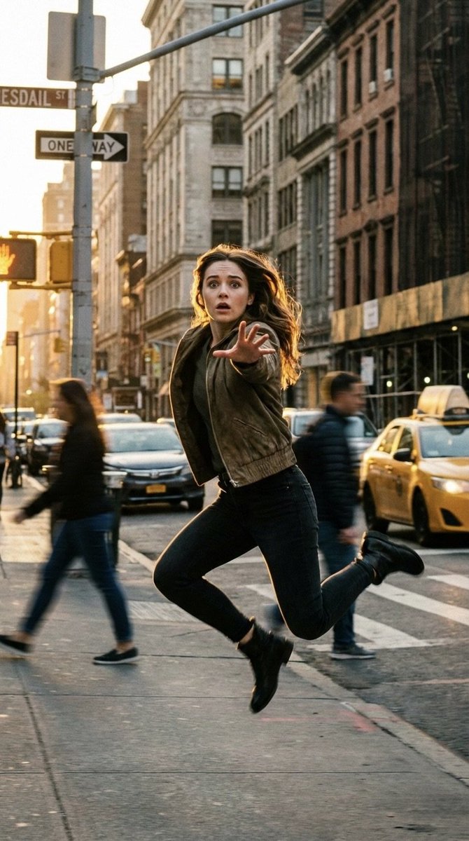 Cinematic Freeze-Frame Action Shot in NYC Prompt