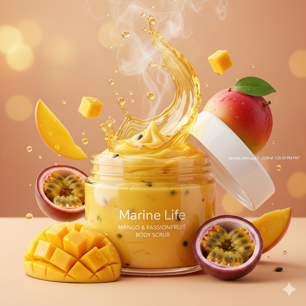 E-commerce Main Image - Luxury Mango Body Scrub Product Image and Video Prompts - Image 1