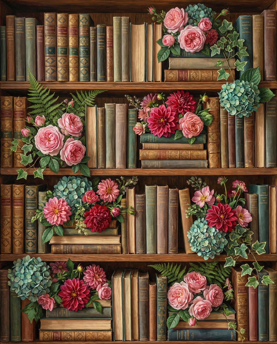 Overhead Shot of Bookshelves with Floral Arrangements