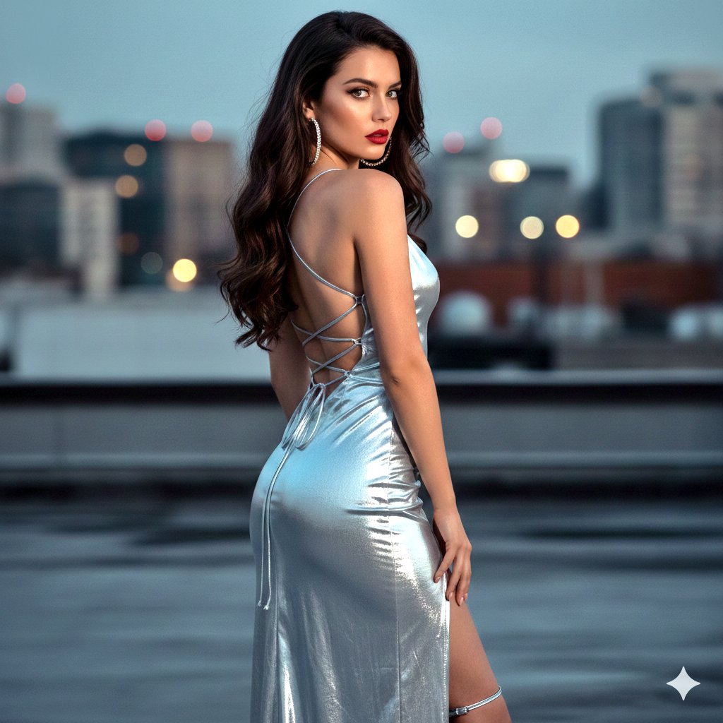 Cinematic Night Portrait in Silver Liquid Dress