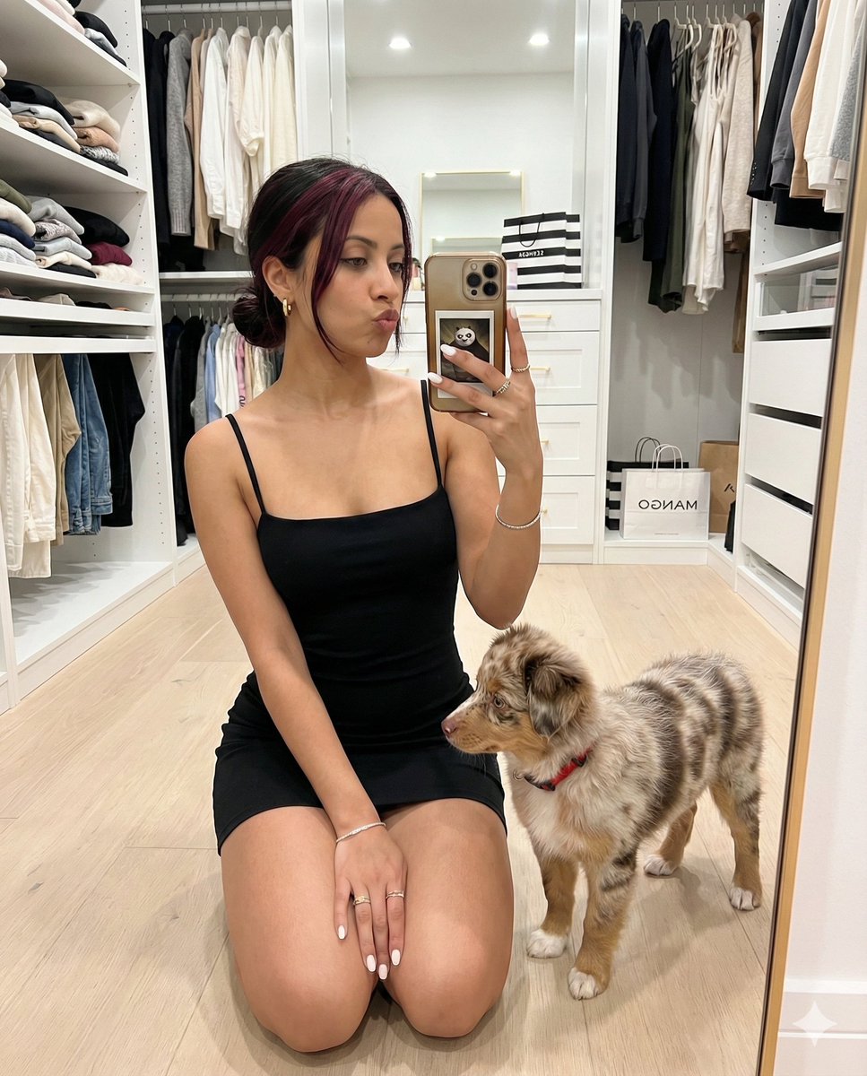 Luxury Closet Mirror Selfie with Dog and Reference Face