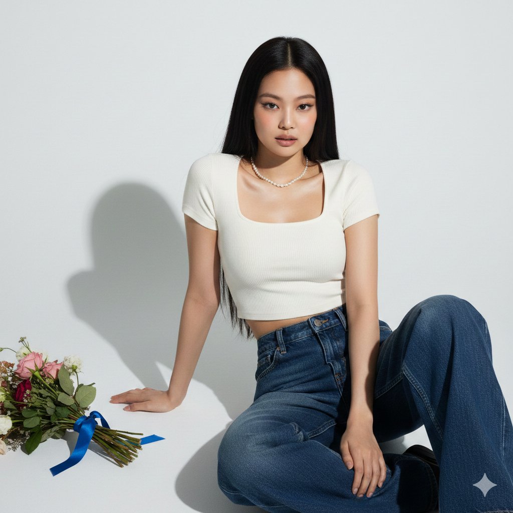 Hyper-realistic portrait of Jennie Kim in a minimalist studio setting