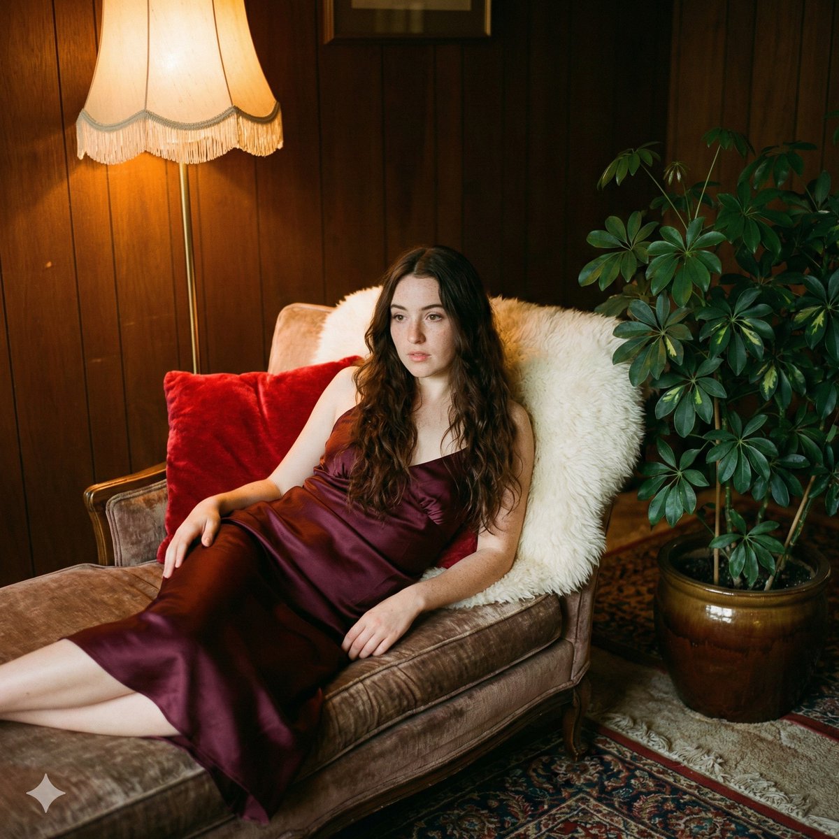 Vintage 70s analog portrait on a velvet sofa
