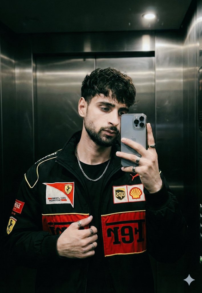 Cinematic mirror selfie in a stainless-steel elevator